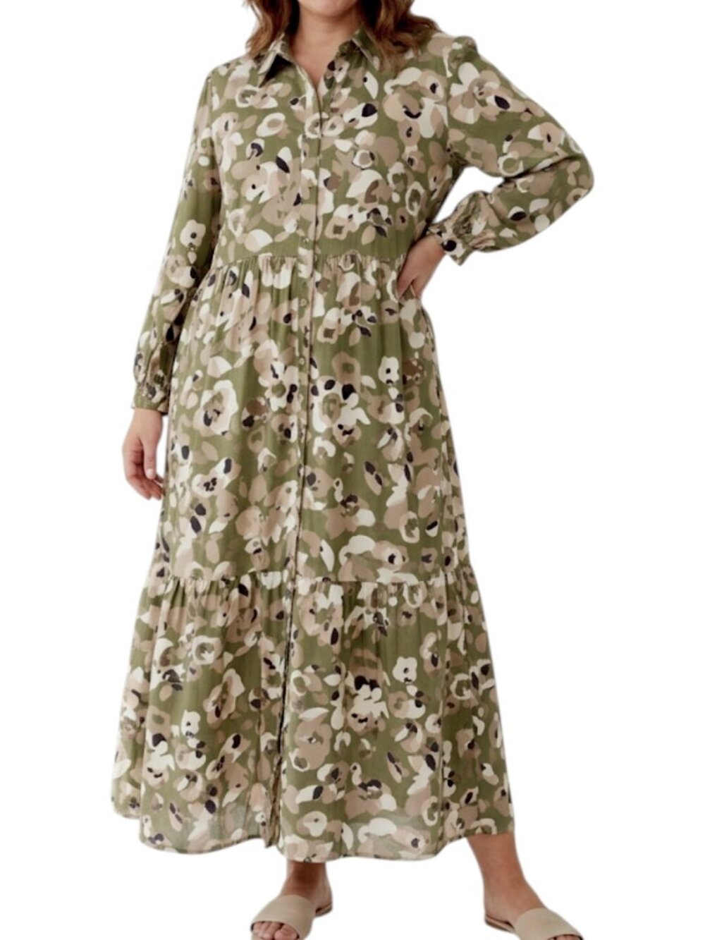 Area Stars Earthy Camo Abstract Print Tiered Maxi Shirtdress Women's Size XL